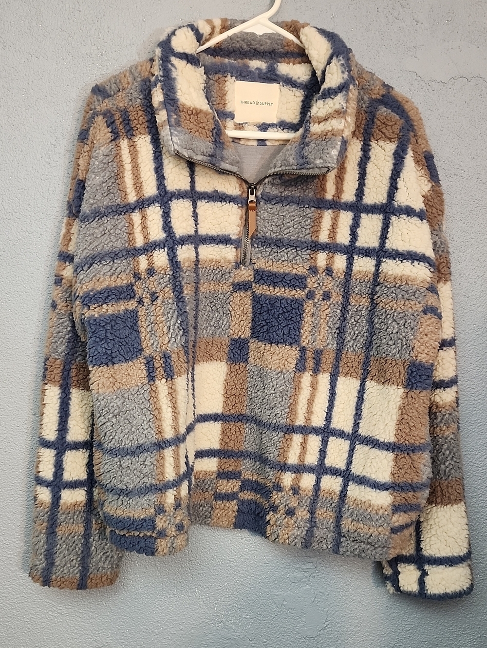 Thread & Supply Blue Cream Tan Plaid Sherpa Half-Zip Jacket